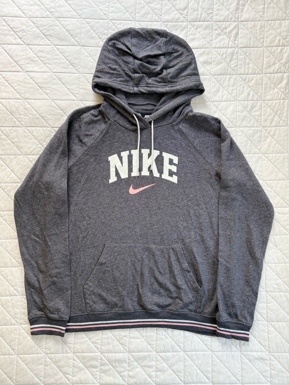 Women's Nike Varsity Stripe Pullover Hoodie - Retro Gray/Pink - Size Medium